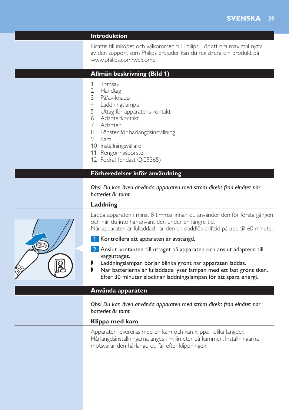 Svenska, Svenska 3 | Philips HAIRCLIPPER Series 5000 cortapelos User Manual | Page 39 / 46