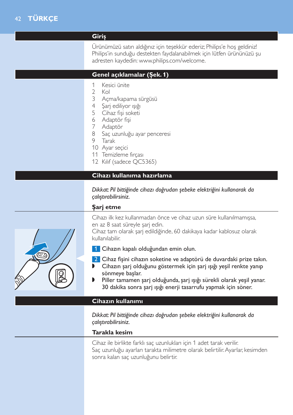 Türkçe, Türkçe 4 | Philips HAIRCLIPPER Series 5000 cortapelos User Manual | Page 42 / 46