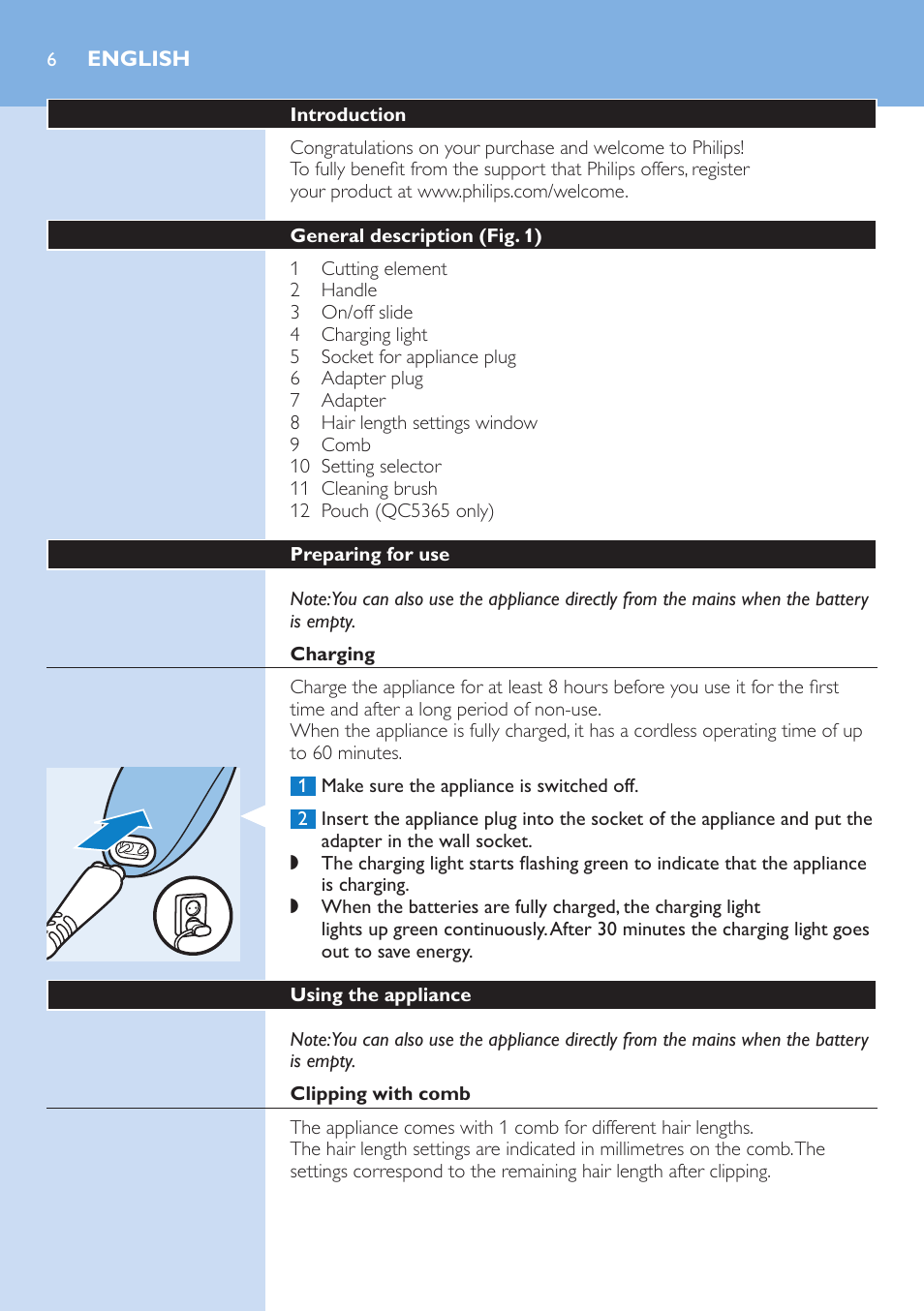 English | Philips HAIRCLIPPER Series 5000 cortapelos User Manual | Page 6 / 46