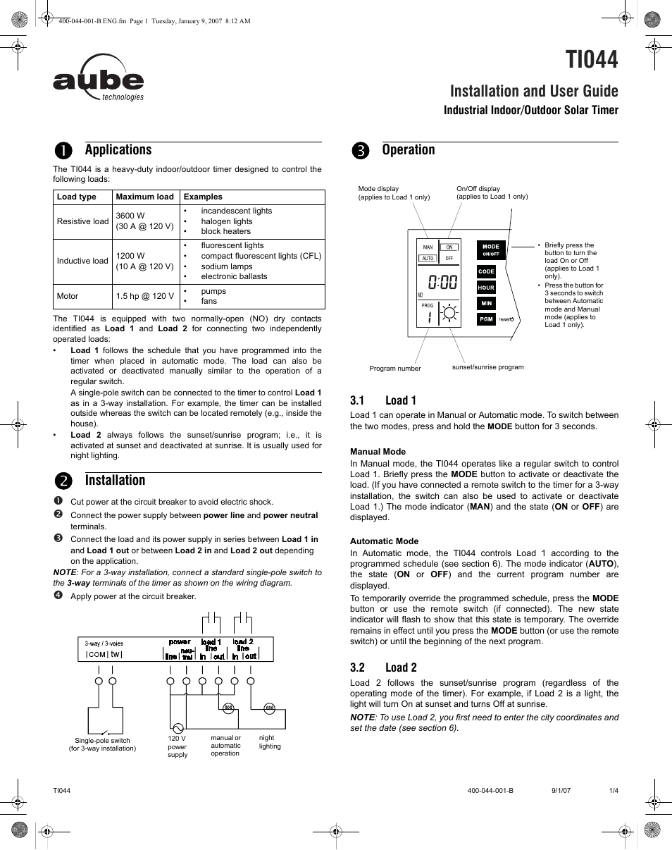 Aube Technologies Industrial Indoor/Outdoor Solar Timer TI044 User Manual | 4 pages