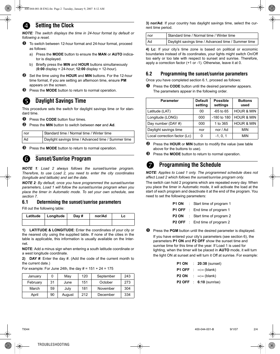 Setting the clock, Daylight savings time, Sunset/sunrise program | Programming the schedule | Aube Technologies Industrial Indoor/Outdoor Solar Timer TI044 User Manual | Page 2 / 4