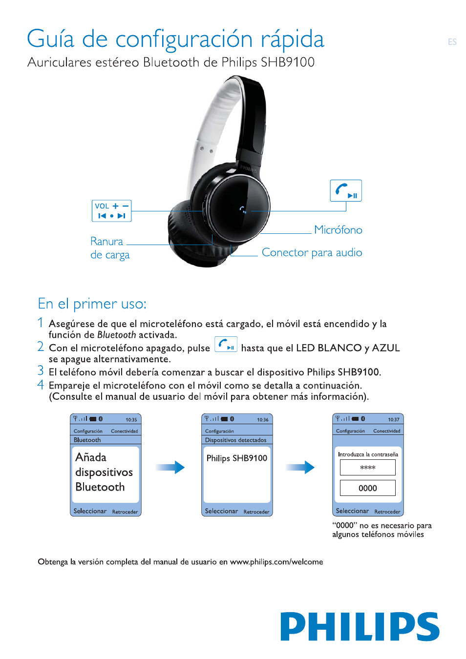 Philips Auriculares estéreo Bluetooth User Manual | 2 pages