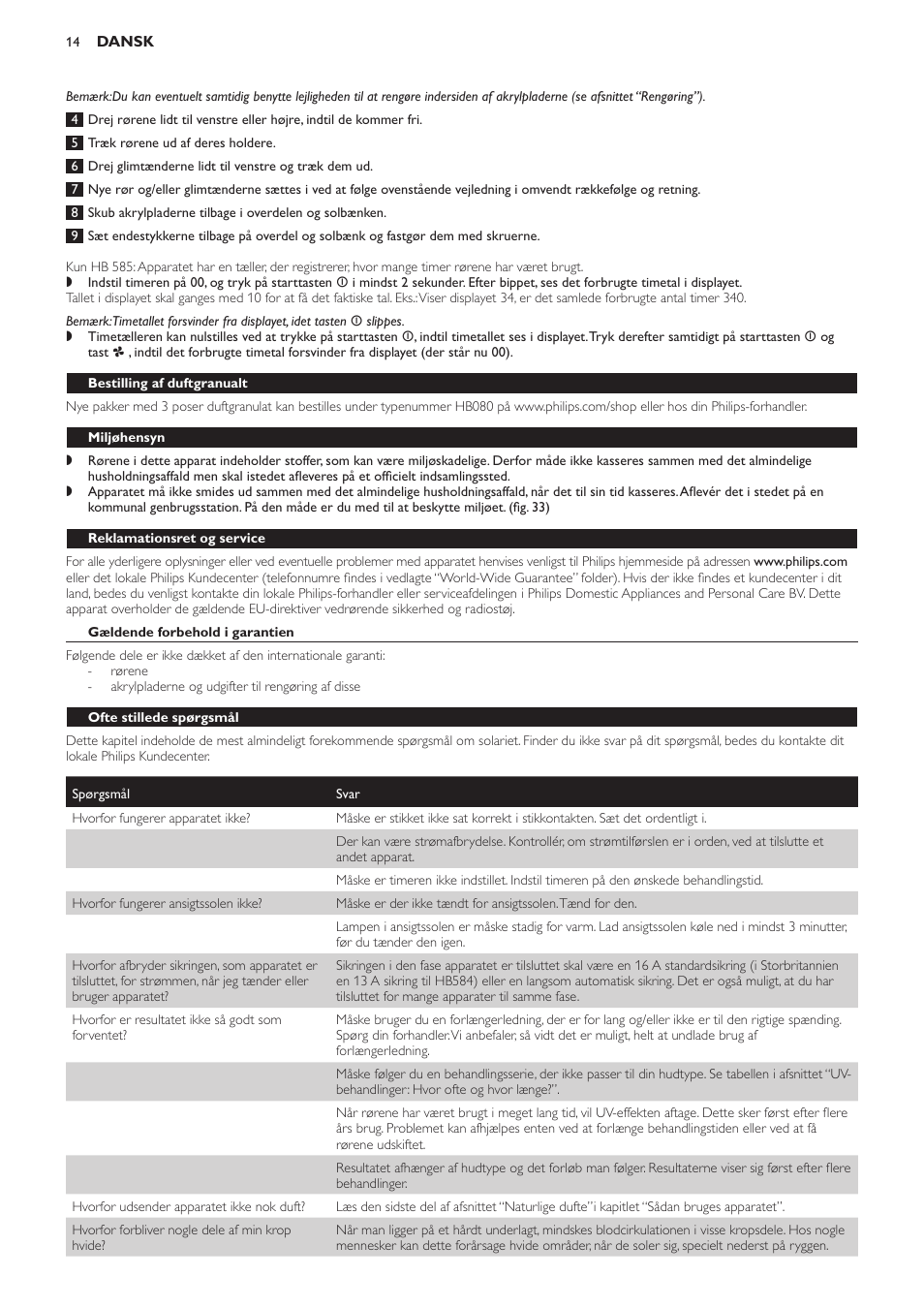 Bestilling af duftgranualt, Miljøhensyn, Reklamationsret og service | Gældende forbehold i garantien, Ofte stillede spørgsmål | Philips Solárium de cuerpo entero User Manual | Page 14 / 76