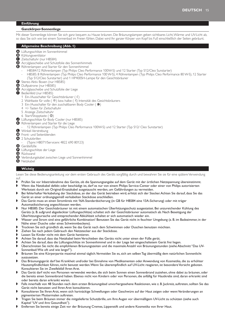 Deutsch, Einführung, Ganzkörper-sonnenliege | Allgemeine beschreibung﻿ (abb. 1), Wichtig | Philips Solárium de cuerpo entero User Manual | Page 15 / 76