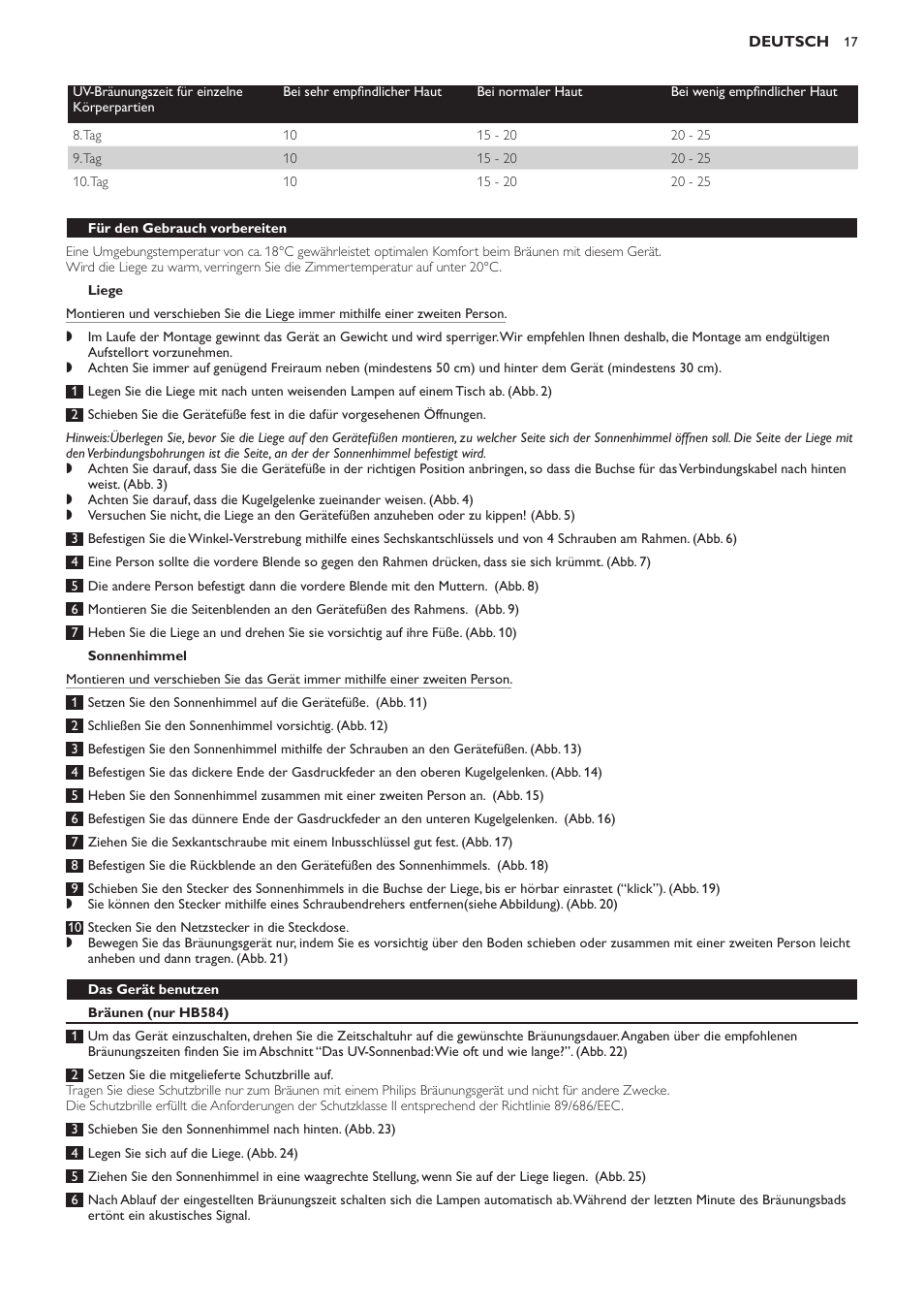 Liege, Sonnenhimmel, Für den gebrauch vorbereiten | Das gerät benutzen, Bräunen (nur hb584) | Philips Solárium de cuerpo entero User Manual | Page 17 / 76