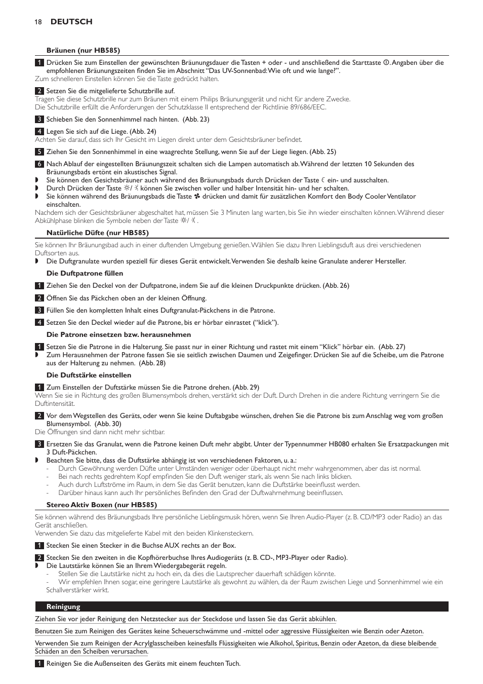 Bräunen (nur hb585), Natürliche düfte (nur hb585), Die duftpatrone füllen | Die patrone einsetzen bzw. herausnehmen, Die duftstärke einstellen, Stereo aktiv boxen (nur hb585), Reinigung | Philips Solárium de cuerpo entero User Manual | Page 18 / 76