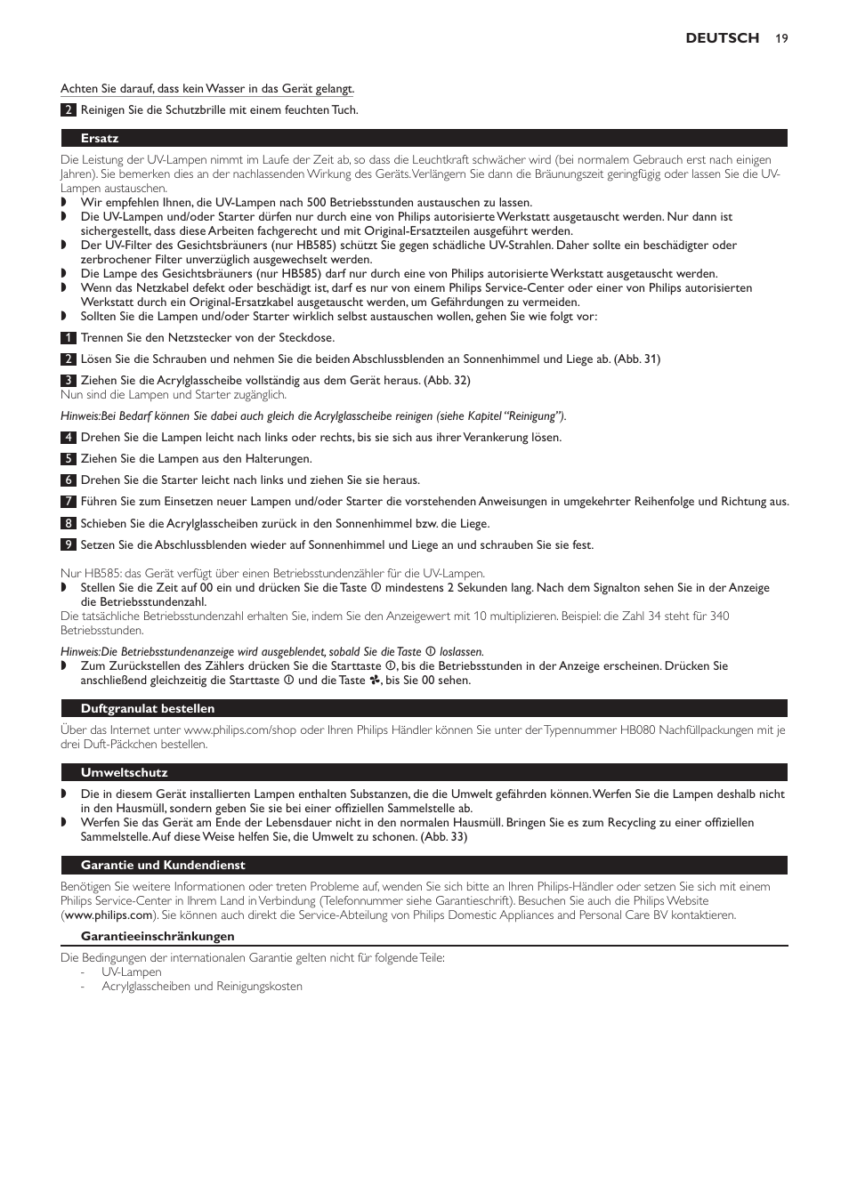 Ersatz, Duftgranulat bestellen, Umweltschutz | Garantie und kundendienst, Garantieeinschränkungen, Häufig gestellte fragen | Philips Solárium de cuerpo entero User Manual | Page 19 / 76