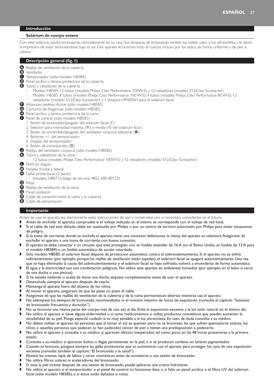 Español, Introducción, Solárium de cuerpo entero | Descripción general﻿ (fig. 1), Importante | Philips Solárium de cuerpo entero User Manual | Page 27 / 76