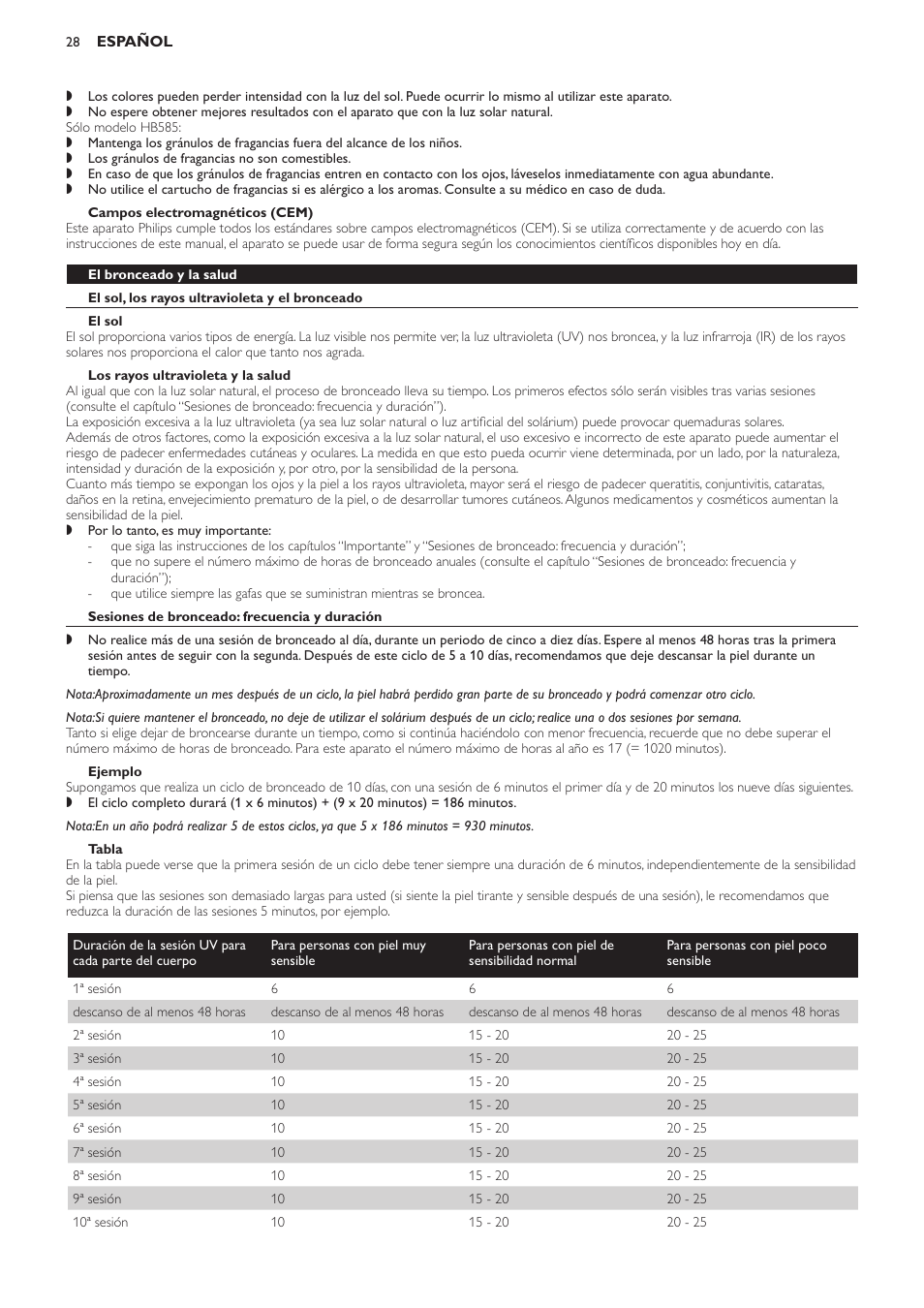 Campos electromagnéticos (cem), El bronceado y la salud, El sol, los rayos ultravioleta y el bronceado | El sol, Los rayos ultravioleta y la salud, Sesiones de bronceado: frecuencia y duración, Ejemplo, Tabla, Preparación para su uso | Philips Solárium de cuerpo entero User Manual | Page 28 / 76