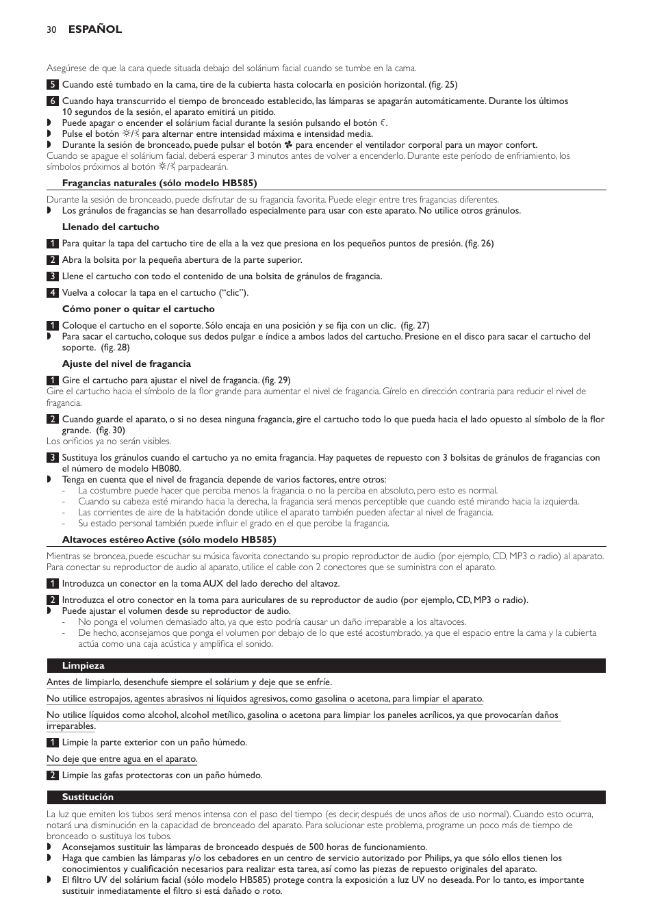 Fragancias naturales (sólo modelo hb585), Llenado del cartucho, Cómo poner o quitar el cartucho | Ajuste del nivel de fragancia, Altavoces estéreo active (sólo modelo hb585), Limpieza, Sustitución | Philips Solárium de cuerpo entero User Manual | Page 30 / 76