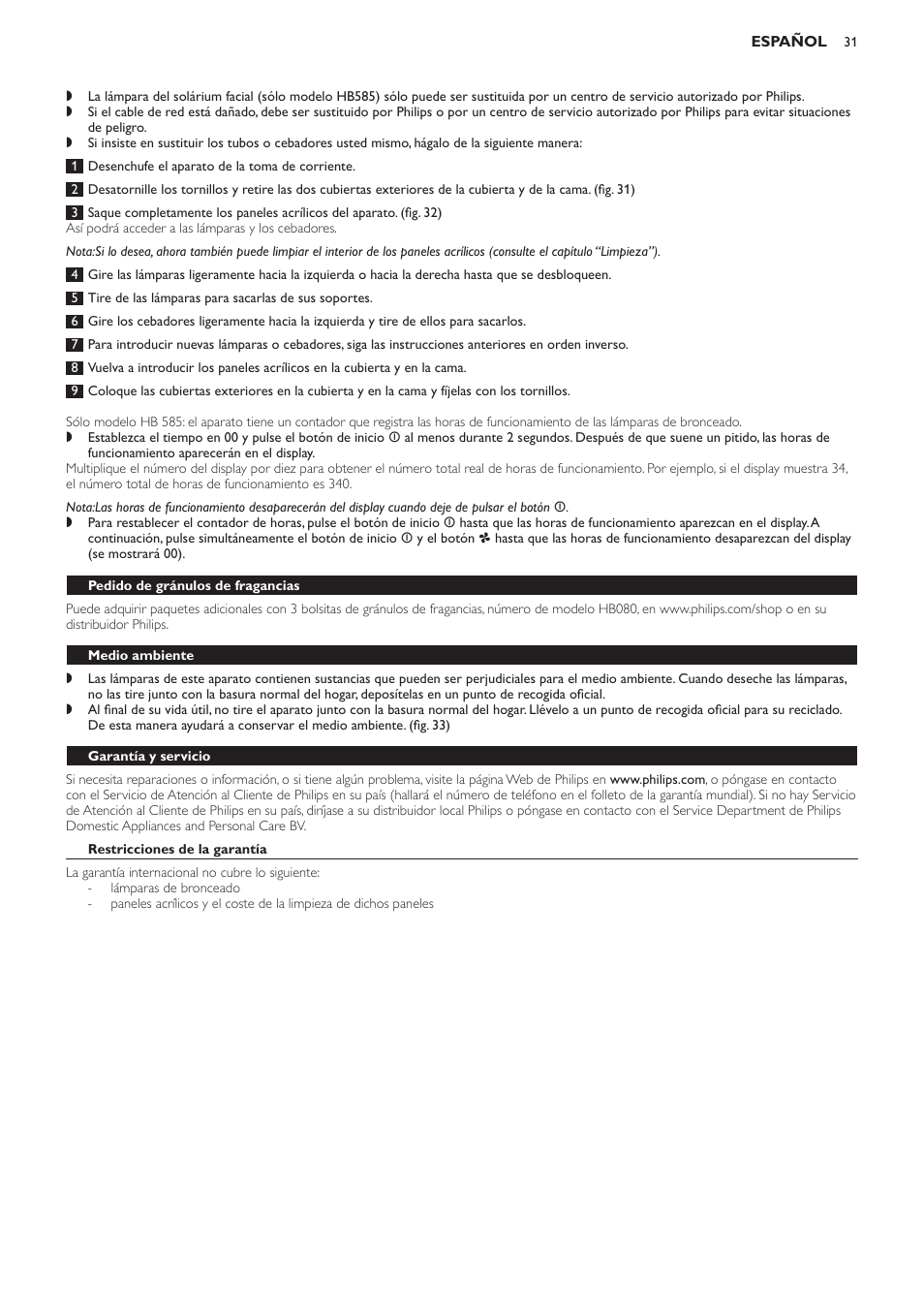 Pedido de gránulos de fragancias, Medio ambiente, Garantía y servicio | Restricciones de la garantía, Preguntas más frecuentes | Philips Solárium de cuerpo entero User Manual | Page 31 / 76