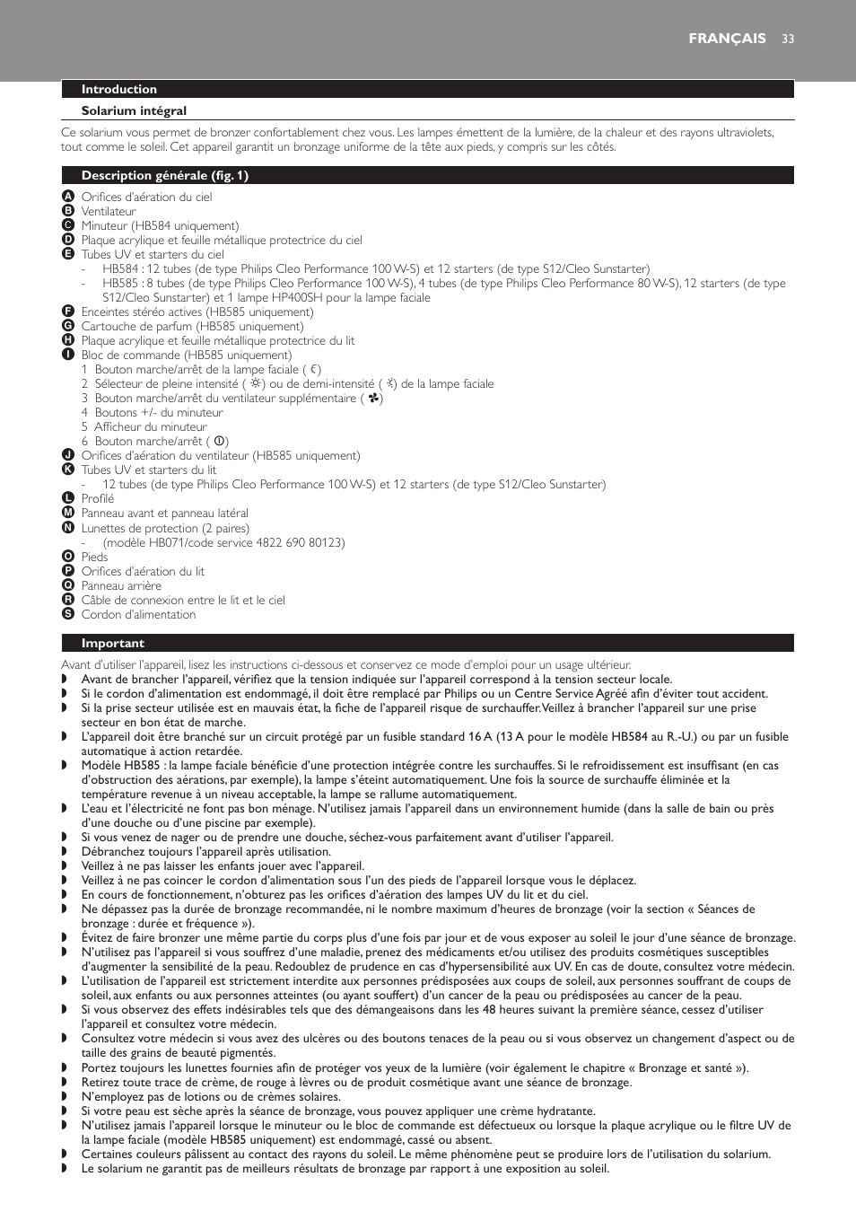 Français, Introduction, Solarium intégral | Description générale﻿ (fig. 1), Important | Philips Solárium de cuerpo entero User Manual | Page 33 / 76