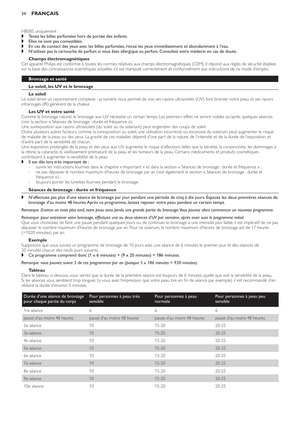 Champs électromagnétiques, Bronzage et santé, Le soleil, les uv et le bronzage | Le soleil, Les uv et votre santé, Séances de bronzage : durée et fréquence, Exemple, Tableau, Avant utilisation | Philips Solárium de cuerpo entero User Manual | Page 34 / 76