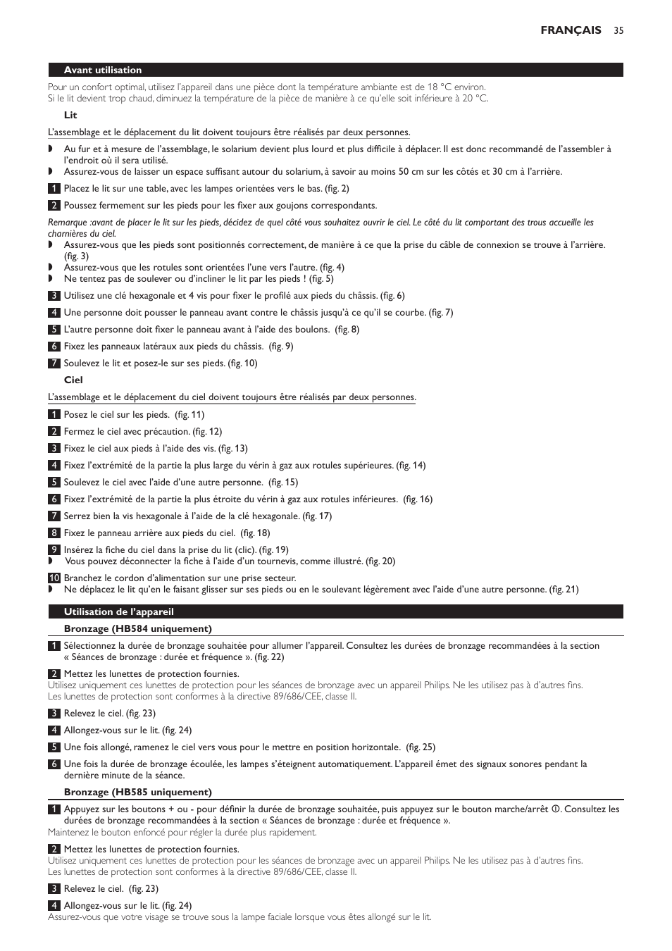 Ciel, Utilisation de l’appareil, Bronzage (hb584 uniquement) | Bronzage (hb585 uniquement) | Philips Solárium de cuerpo entero User Manual | Page 35 / 76