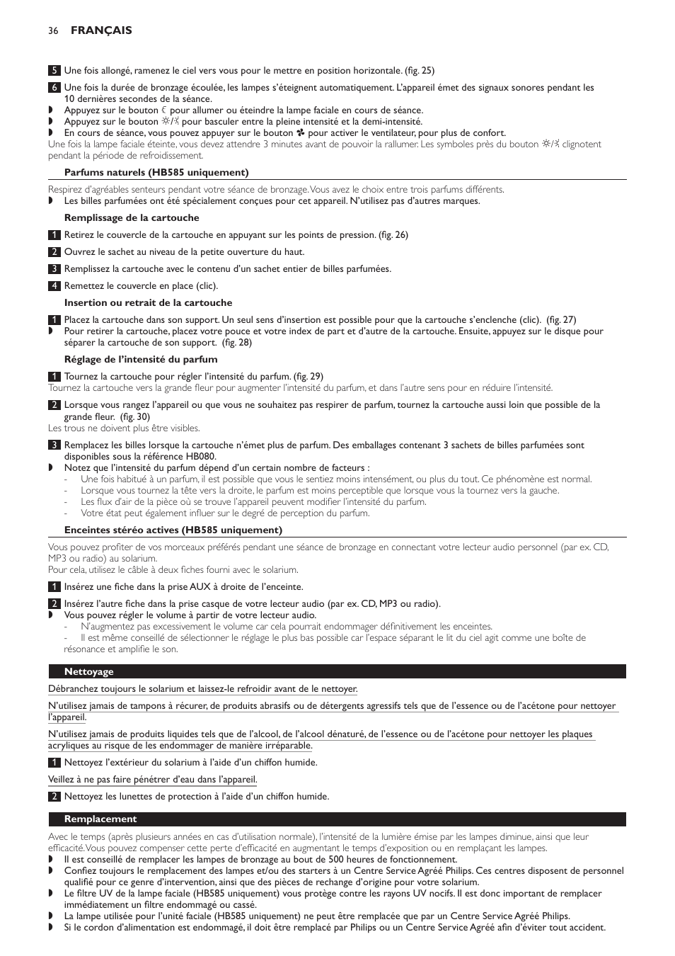 Parfums naturels (hb585 uniquement), Remplissage de la cartouche, Insertion ou retrait de la cartouche | Réglage de l’intensité du parfum, Enceintes stéréo actives (hb585 uniquement), Nettoyage, Remplacement | Philips Solárium de cuerpo entero User Manual | Page 36 / 76