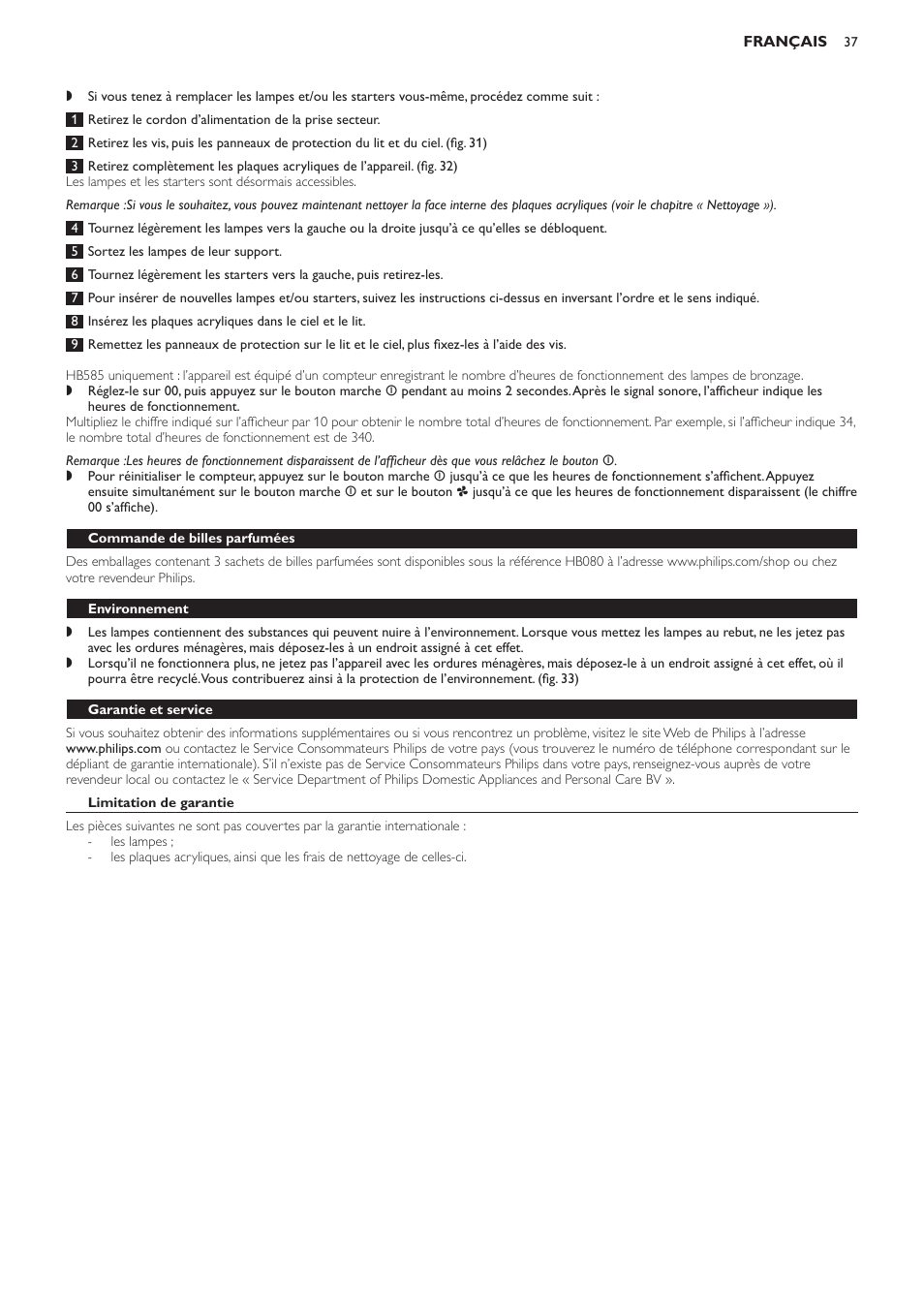 Commande de billes parfumées, Environnement, Garantie et service | Limitation de garantie, Foire aux questions | Philips Solárium de cuerpo entero User Manual | Page 37 / 76