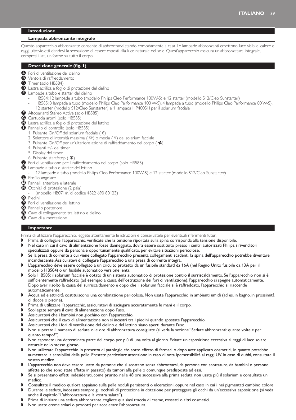 Italiano, Introduzione, Lampada abbronzante integrale | Descrizione generale﻿ (fig. 1), Importante | Philips Solárium de cuerpo entero User Manual | Page 39 / 76