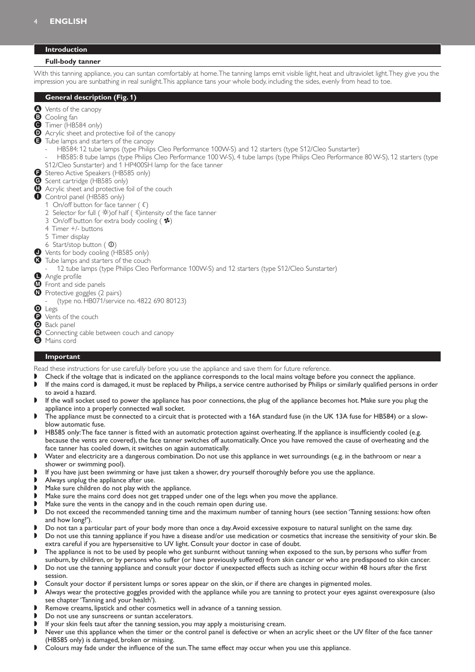 English, Introduction, Full-body tanner | General description﻿ (fig. 1), Important | Philips Solárium de cuerpo entero User Manual | Page 4 / 76