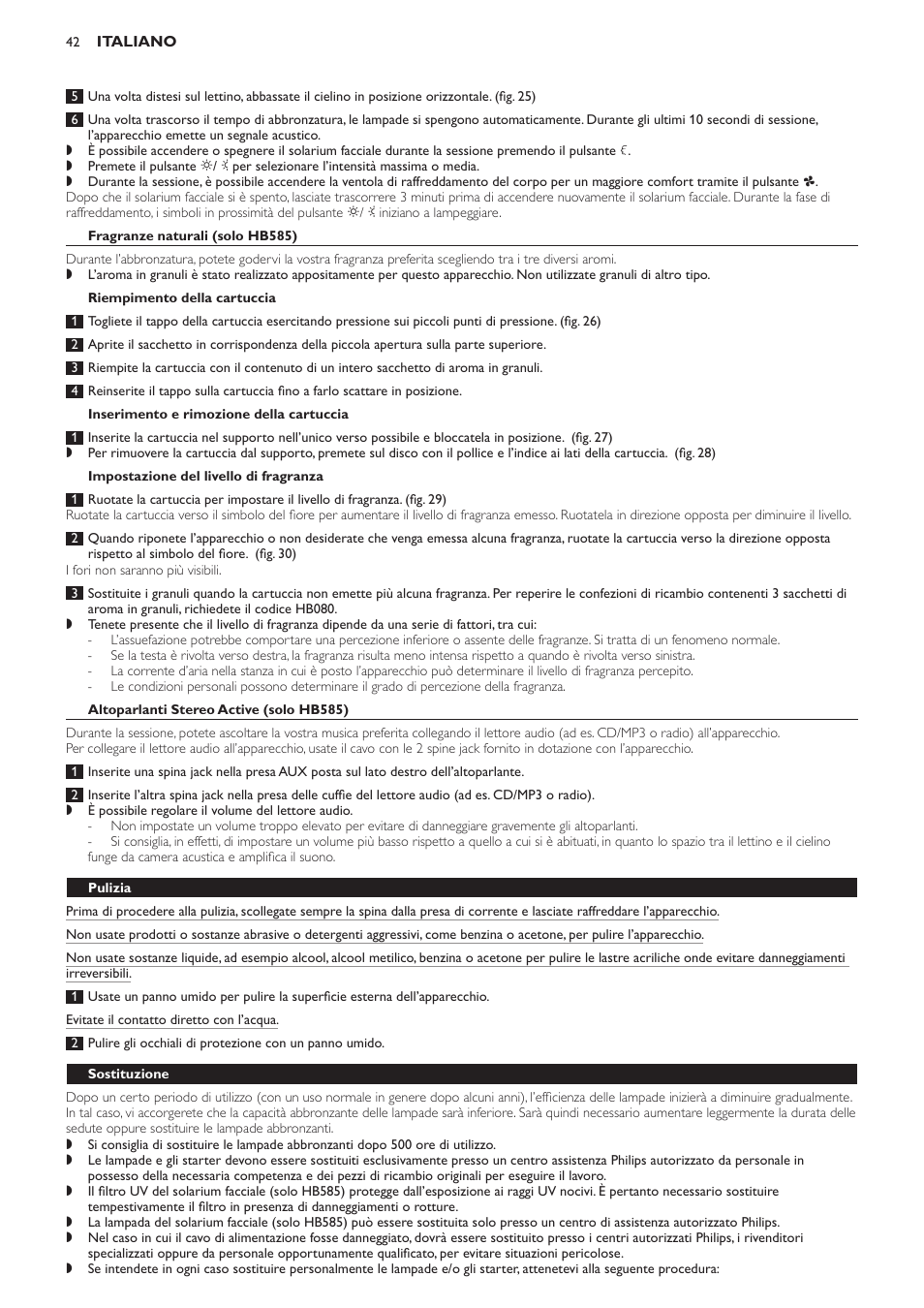 Fragranze naturali (solo hb585), Riempimento della cartuccia, Inserimento e rimozione della cartuccia | Impostazione del livello di fragranza, Altoparlanti stereo active (solo hb585), Pulizia, Sostituzione | Philips Solárium de cuerpo entero User Manual | Page 42 / 76