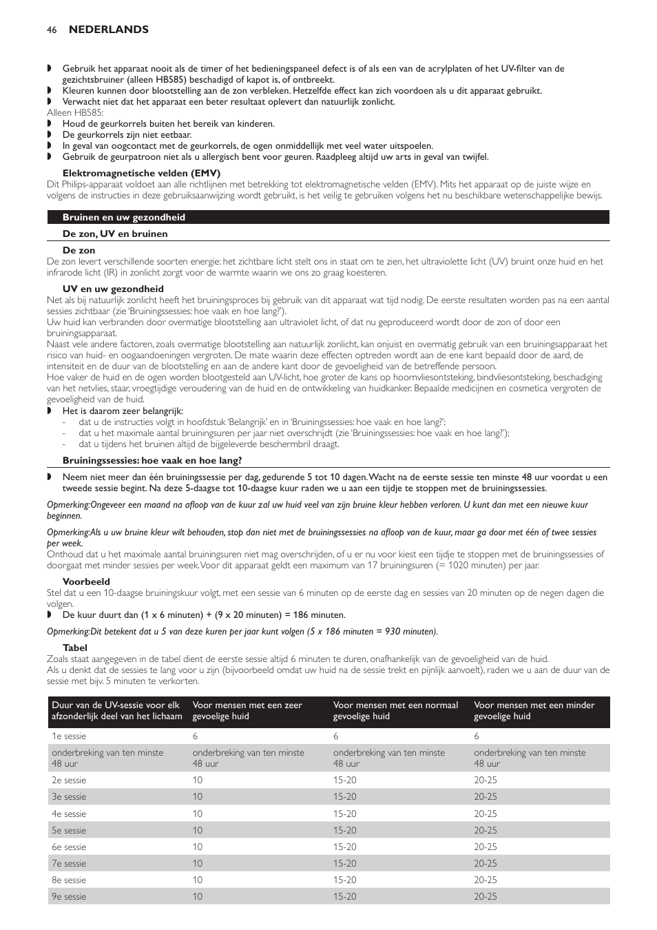 Elektromagnetische velden (emv), Bruinen en uw gezondheid, De zon, uv en bruinen | De zon, Uv en uw gezondheid, Bruiningssessies: hoe vaak en hoe lang, Voorbeeld, Tabel | Philips Solárium de cuerpo entero User Manual | Page 46 / 76