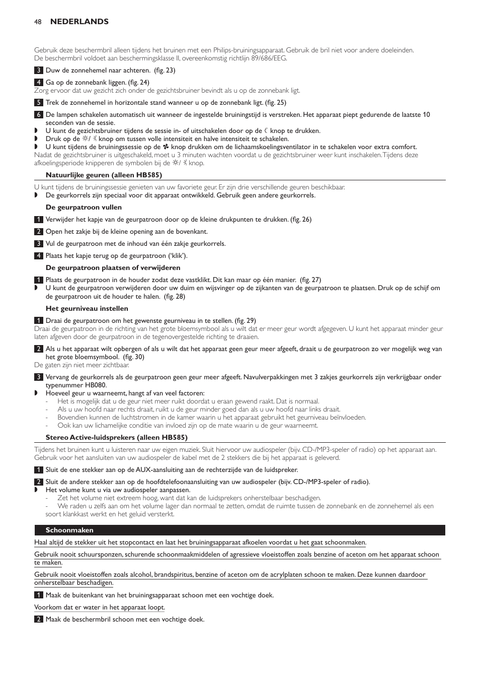 Natuurlijke geuren (alleen hb585), De geurpatroon vullen, De geurpatroon plaatsen of verwijderen | Het geurniveau instellen, Stereo active-luidsprekers (alleen hb585), Schoonmaken | Philips Solárium de cuerpo entero User Manual | Page 48 / 76