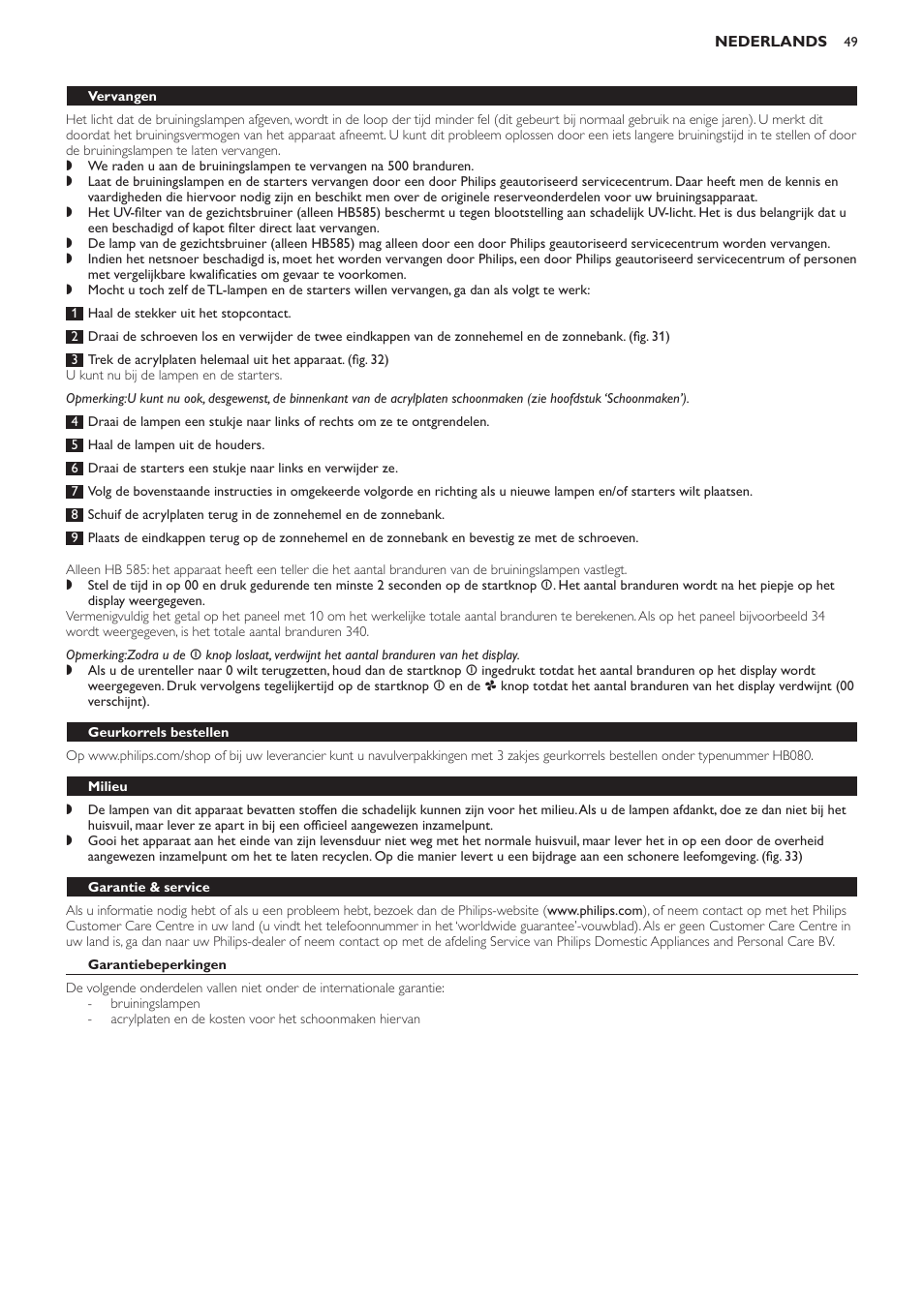 Vervangen, Geurkorrels bestellen, Milieu | Garantie & service, Garantiebeperkingen, Veelgestelde vragen | Philips Solárium de cuerpo entero User Manual | Page 49 / 76