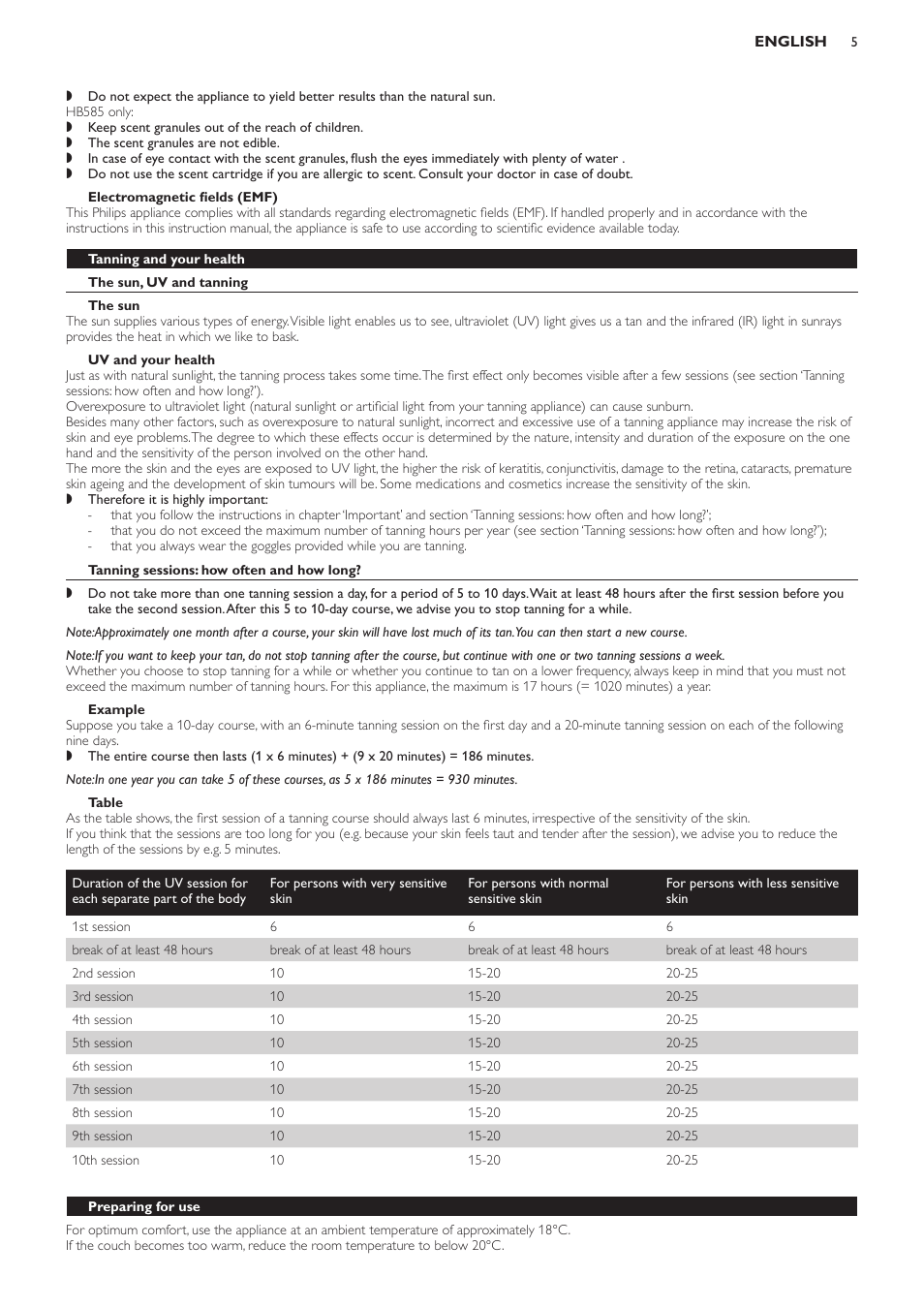 Electromagnetic fields (emf), Tanning and your health, The sun, uv and tanning | The sun, Uv and your health, Tanning sessions: how often and how long, Example, Table, Preparing for use | Philips Solárium de cuerpo entero User Manual | Page 5 / 76