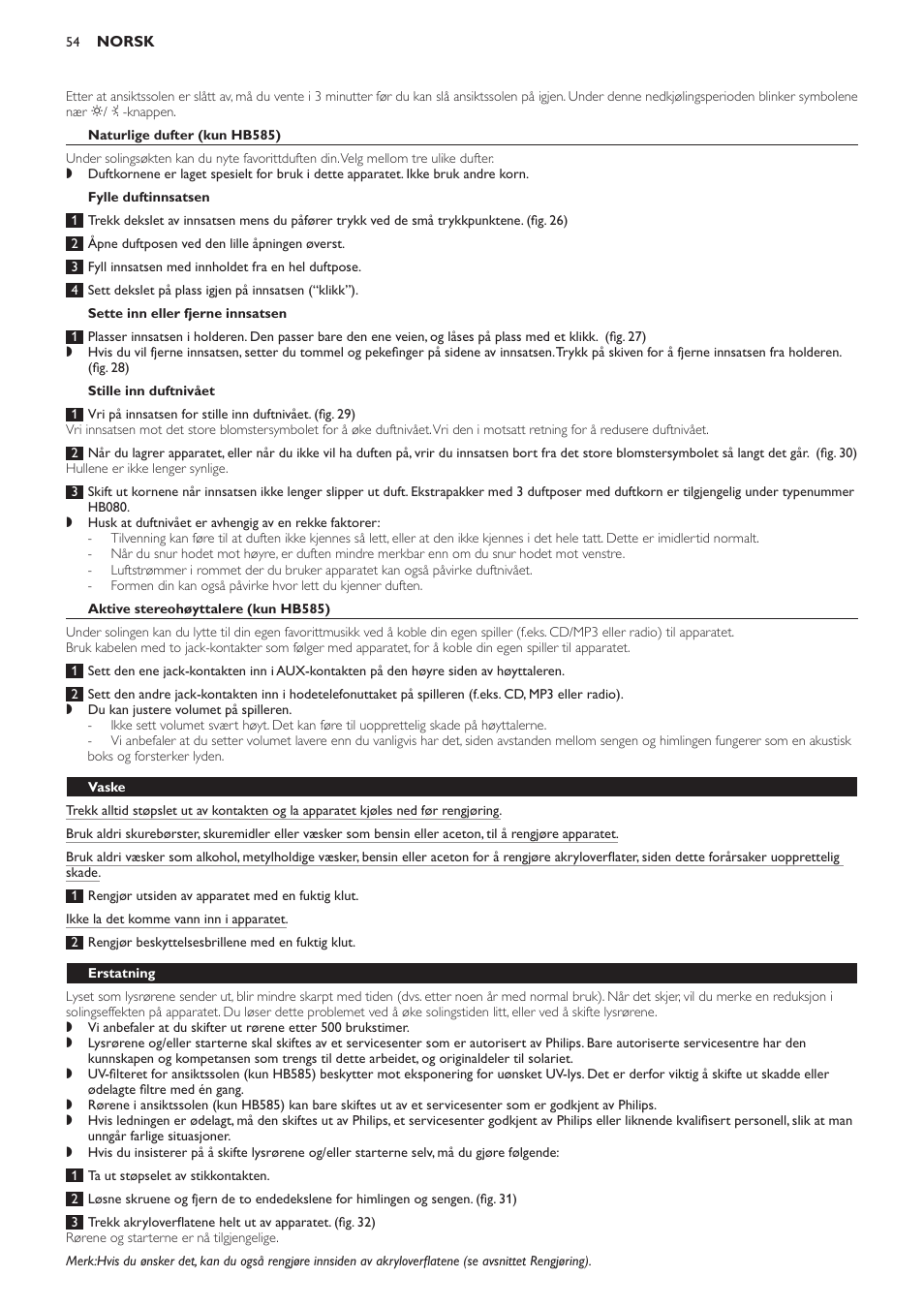 Naturlige dufter (kun hb585), Fylle duftinnsatsen, Sette inn eller fjerne innsatsen | Stille inn duftnivået, Aktive stereohøyttalere (kun hb585), Vaske, Erstatning | Philips Solárium de cuerpo entero User Manual | Page 54 / 76