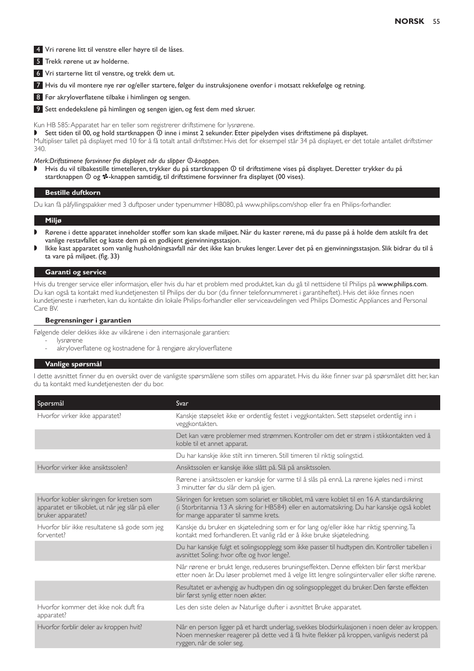 Bestille duftkorn, Miljø, Garanti og service | Begrensninger i garantien, Vanlige spørsmål | Philips Solárium de cuerpo entero User Manual | Page 55 / 76