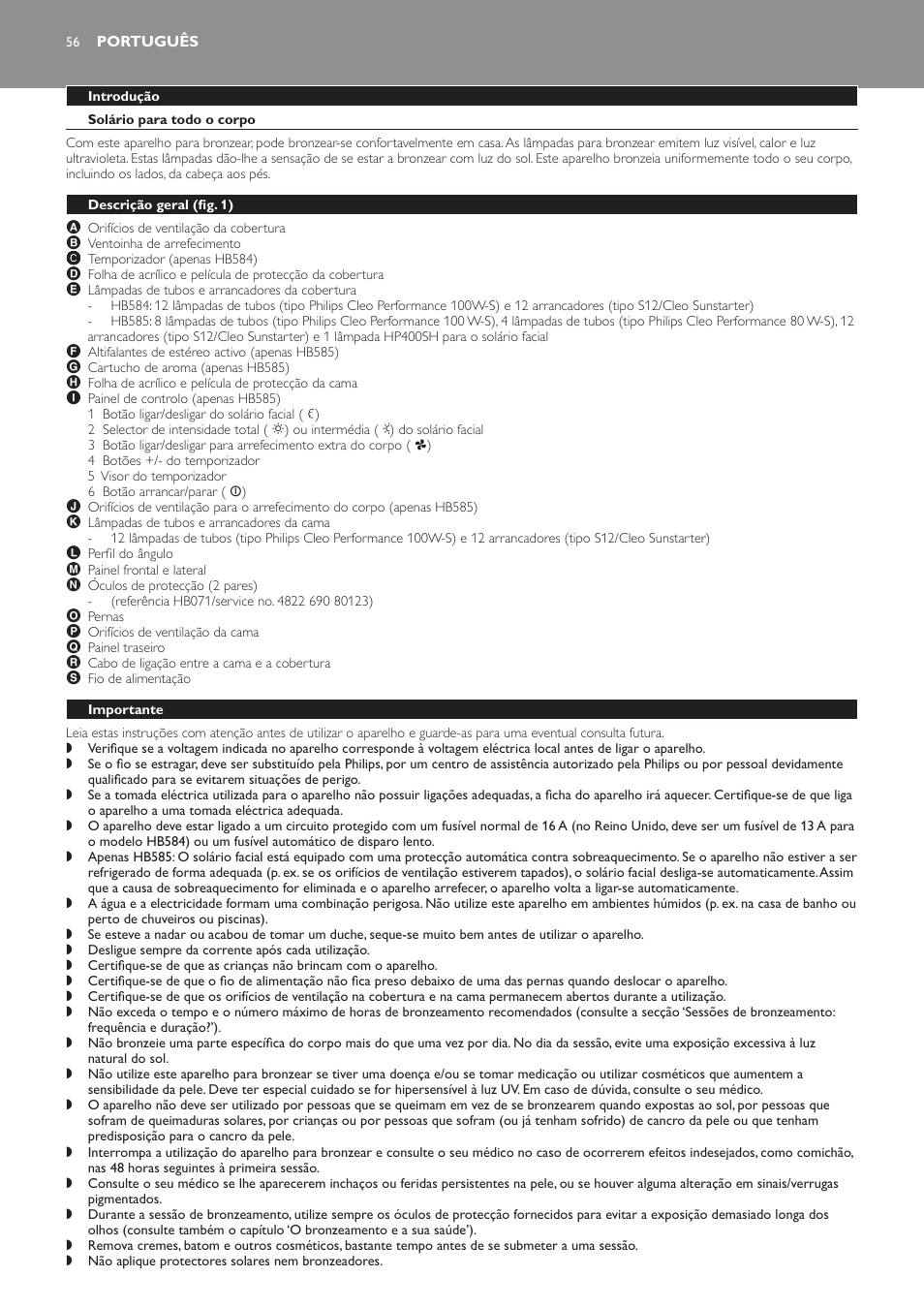 Português, Introdução, Solário para todo o corpo | Descrição geral﻿ (fig. 1), Importante | Philips Solárium de cuerpo entero User Manual | Page 56 / 76