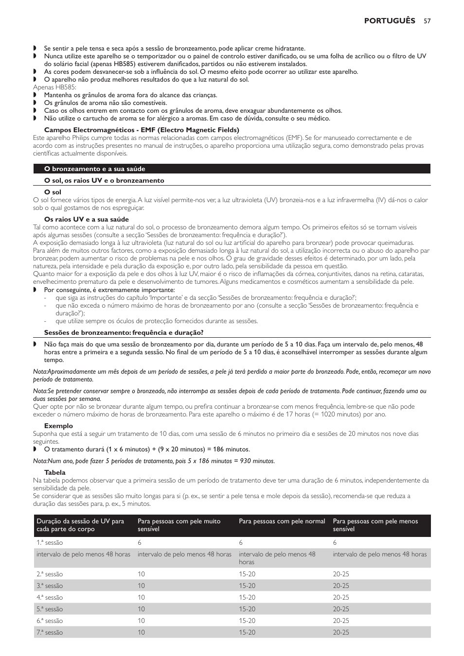 O bronzeamento e a sua saúde, O sol, os raios uv e o bronzeamento, O sol | Os raios uv e a sua saúde, Sessões de bronzeamento: frequência e duração, Exemplo, Tabela | Philips Solárium de cuerpo entero User Manual | Page 57 / 76