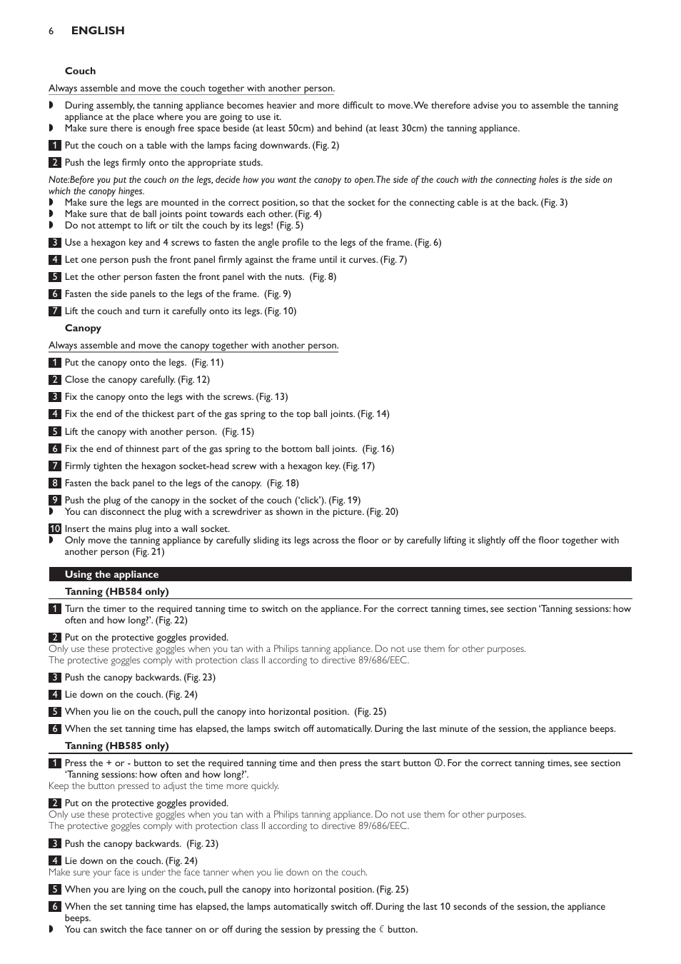 Couch, Canopy, Using the appliance | Tanning (hb584 only), Tanning (hb585 only) | Philips Solárium de cuerpo entero User Manual | Page 6 / 76