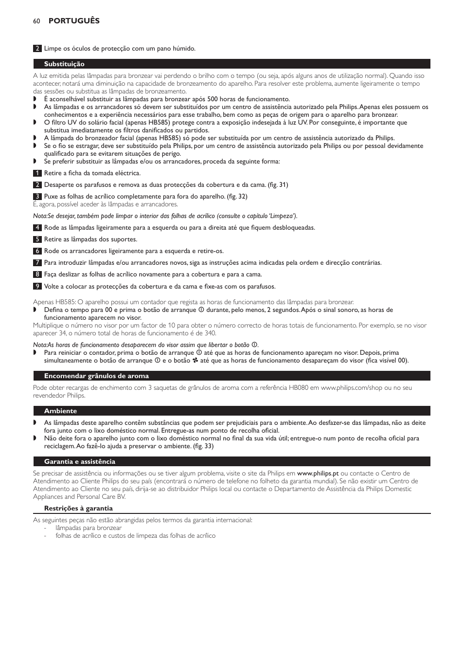 Substituição, Encomendar grânulos de aroma, Ambiente | Garantia e assistência, Restrições à garantia, Perguntas mais frequentes | Philips Solárium de cuerpo entero User Manual | Page 60 / 76