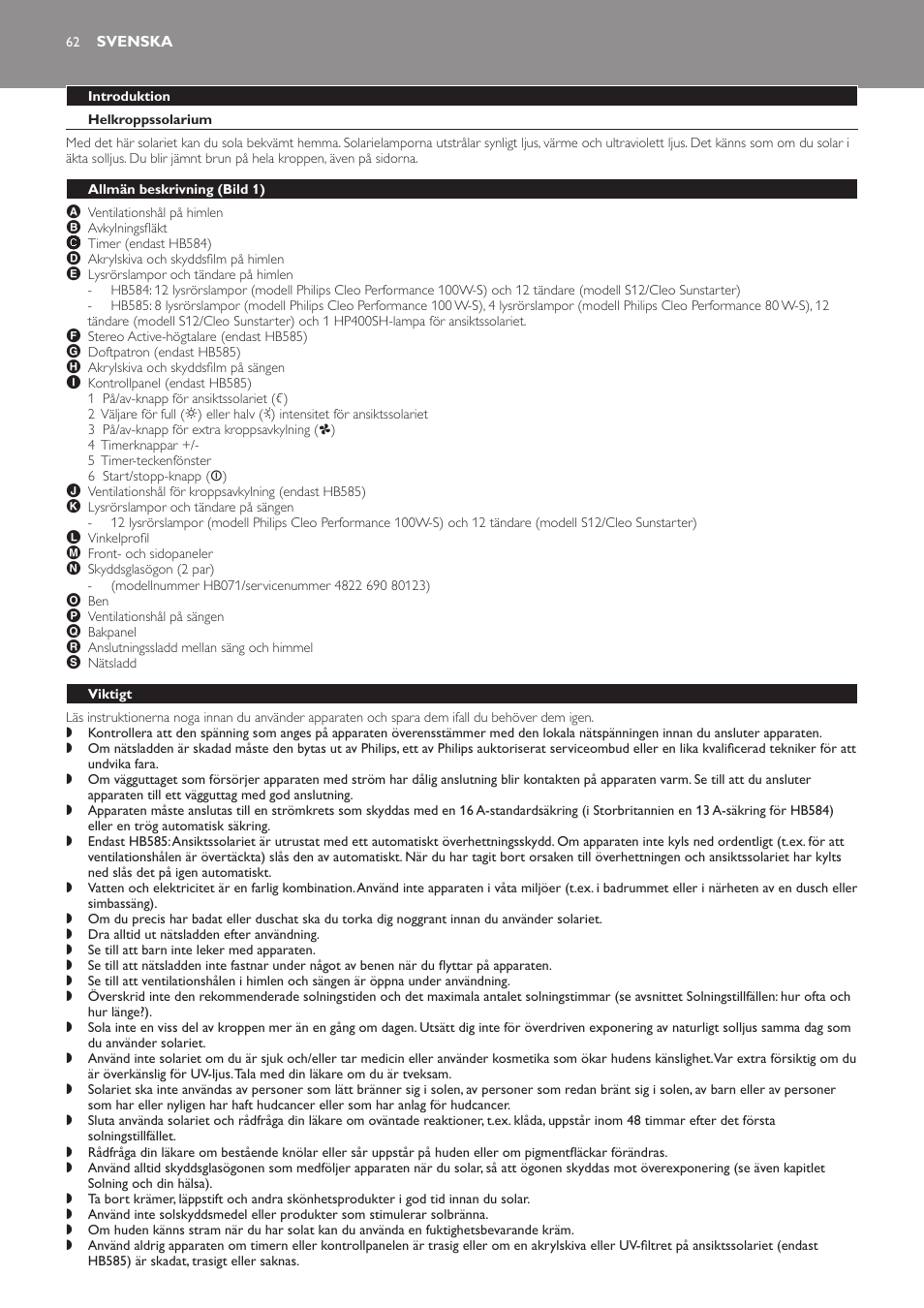 Svenska, Introduktion, Helkroppssolarium | Allmän beskrivning﻿ (bild 1), Viktigt | Philips Solárium de cuerpo entero User Manual | Page 62 / 76