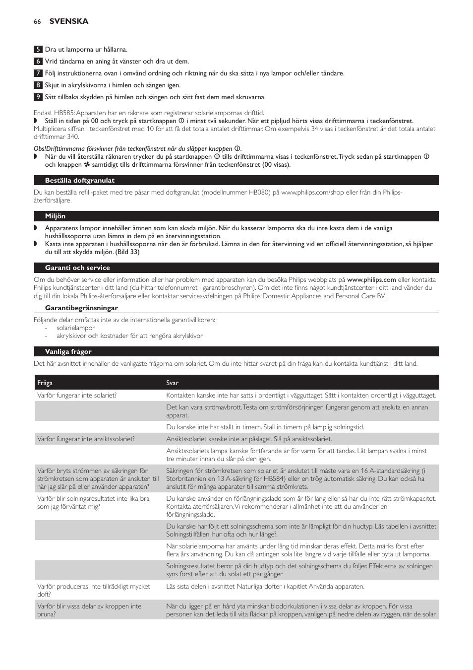 Beställa doftgranulat, Miljön, Garanti och service | Garantibegränsningar, Vanliga frågor | Philips Solárium de cuerpo entero User Manual | Page 66 / 76