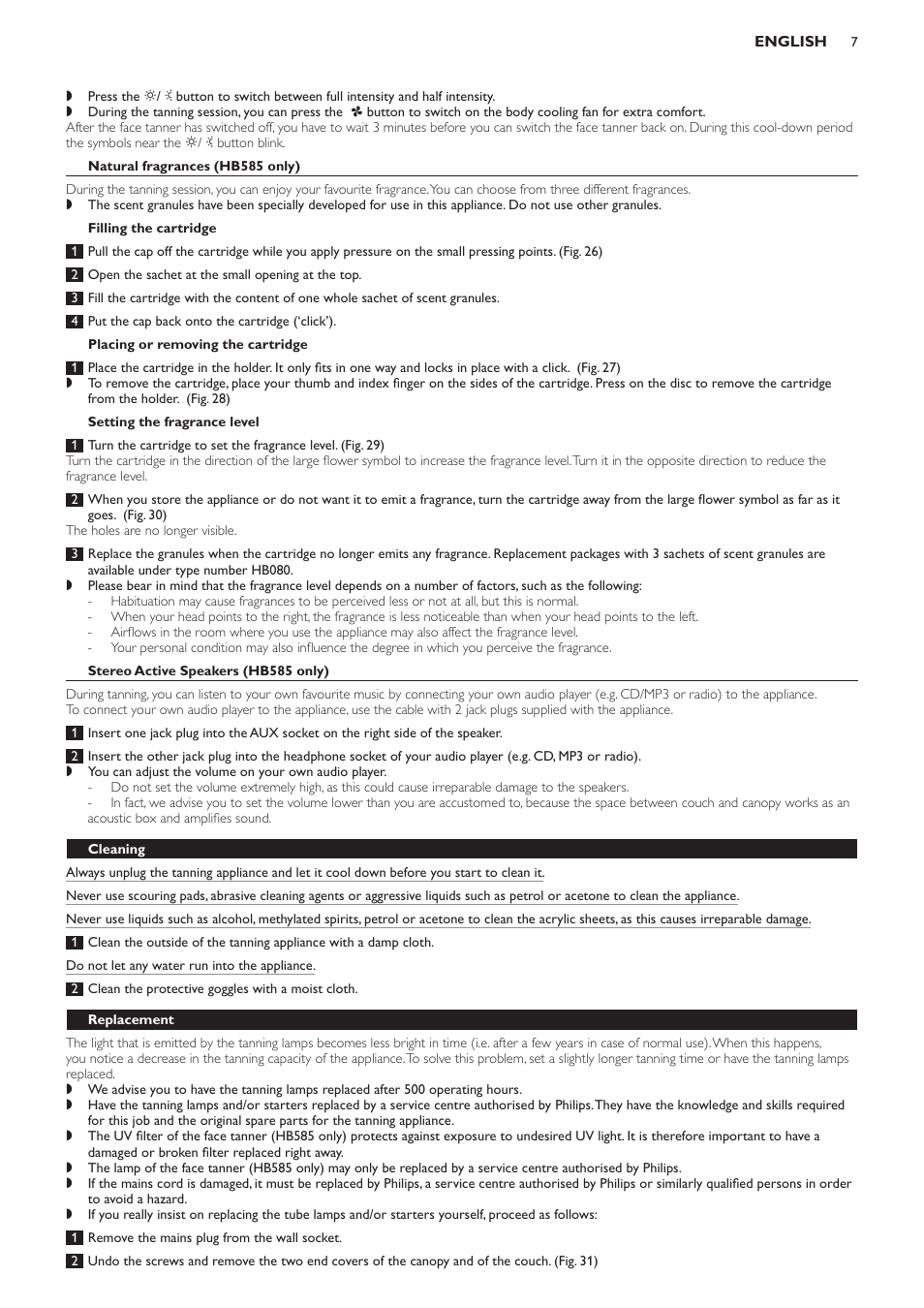 Natural fragrances (hb585 only), Filling the cartridge, Placing or removing the cartridge | Setting the fragrance level, Stereo active speakers (hb585 only), Cleaning, Replacement | Philips Solárium de cuerpo entero User Manual | Page 7 / 76