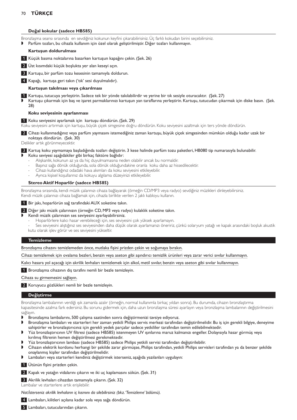 Doğal kokular (sadece hb585), Kartuşun doldurulması, Kartuşun takılması veya çıkarılması | Koku seviyesinin ayarlanması, Stereo aktif hoparlör (sadece hb585), Temizleme, Değiştirme | Philips Solárium de cuerpo entero User Manual | Page 70 / 76