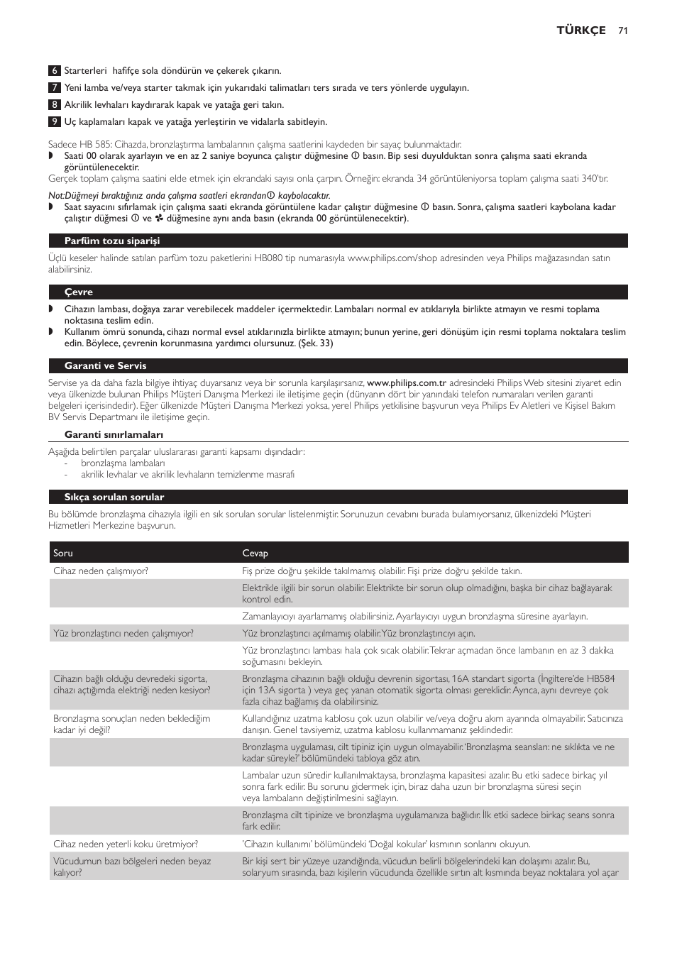 Parfüm tozu siparişi, Çevre, Garanti ve servis | Garanti sınırlamaları, Sıkça sorulan sorular | Philips Solárium de cuerpo entero User Manual | Page 71 / 76