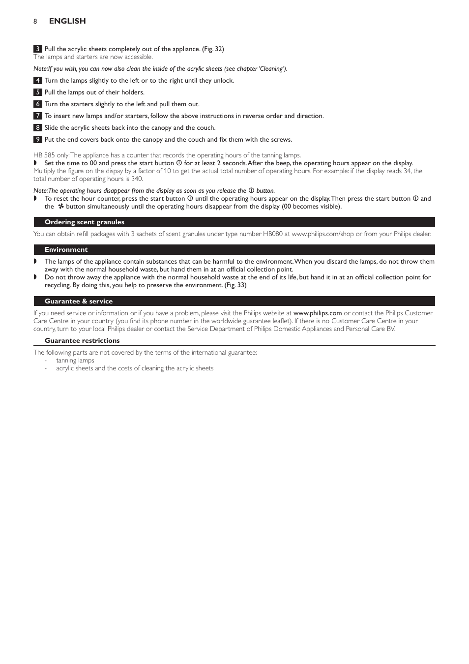 Ordering scent granules, Environment, Guarantee & service | Guarantee restrictions, Frequently asked questions | Philips Solárium de cuerpo entero User Manual | Page 8 / 76