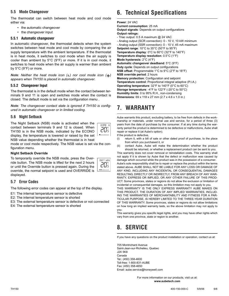 Technical specifications, Warranty, Service | Aube Technologies TH150 Series User Manual | Page 6 / 6