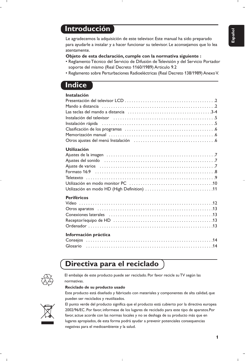 Introducción indice, Directiva para el reciclado | Philips Flat TV User Manual | Page 2 / 17