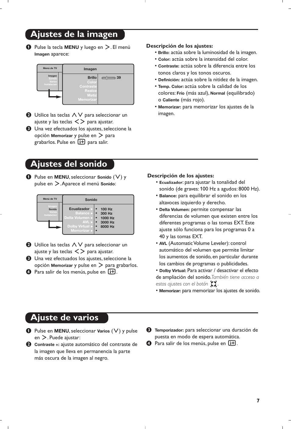 Ajustes de la imagen ajustes del sonido, Ajuste de varios | Philips Flat TV User Manual | Page 8 / 17