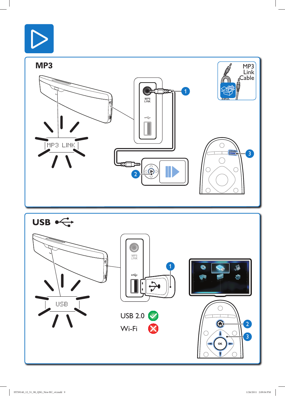 Usb 2.0 wi-fi, Mp3 link cable | Philips Cine en casa con SoundBar User Manual | Page 11 / 26