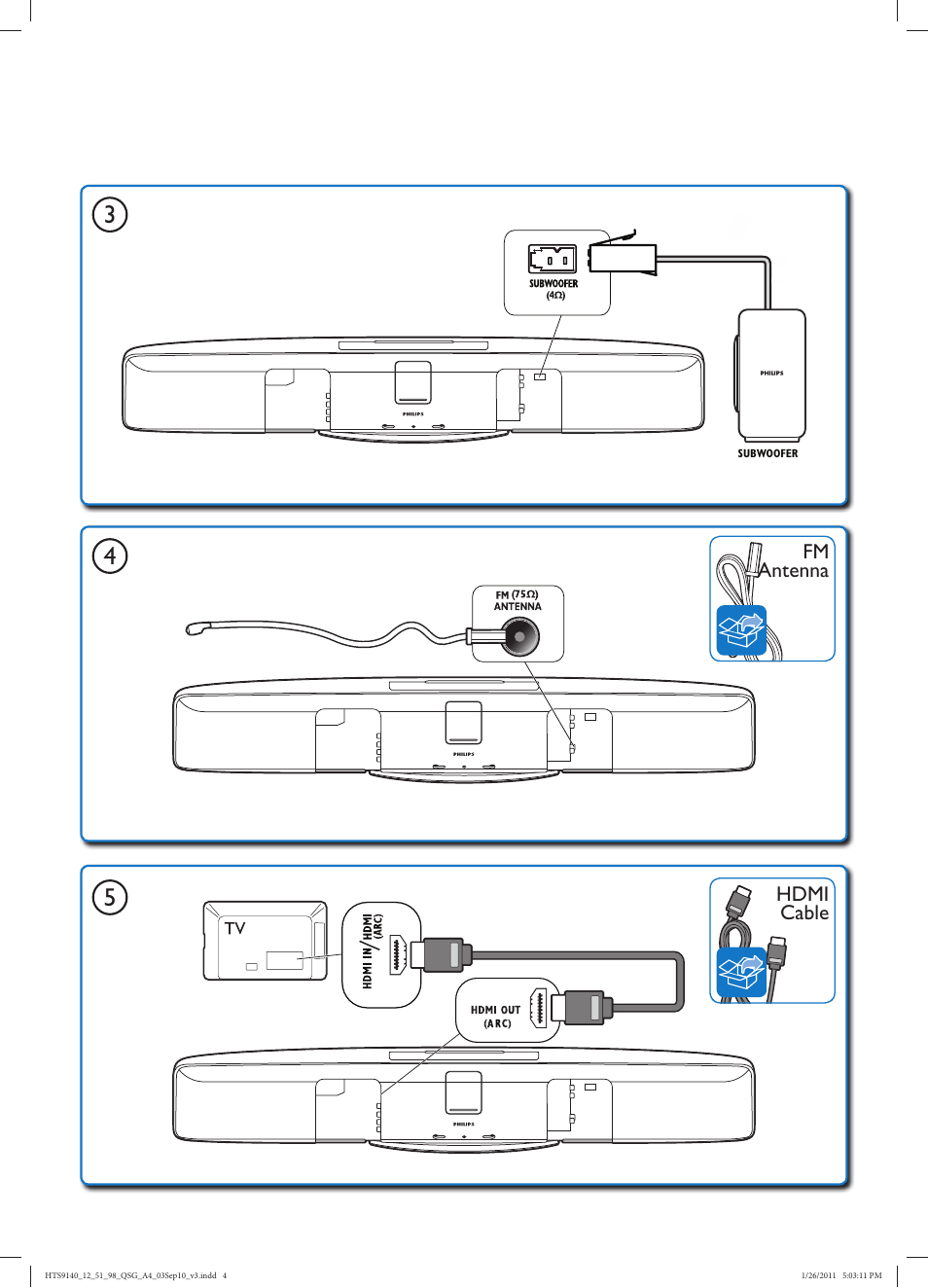 Hdmi, Hdmi cable fm antenna | Philips Cine en casa con SoundBar User Manual | Page 18 / 26