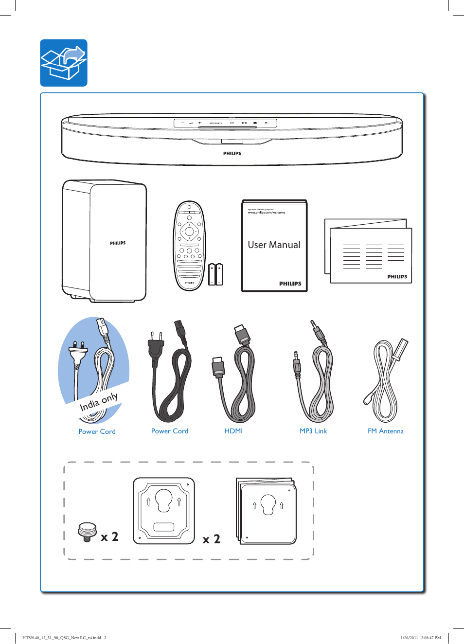 User manual, India onl y | Philips Cine en casa con SoundBar User Manual | Page 4 / 26