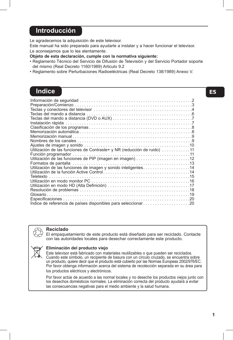 Introducción indice, Fr nl de it dk no su sf ru es pt gr tr hu pl cz sk | Philips Flat TV panorámico User Manual | Page 5 / 26