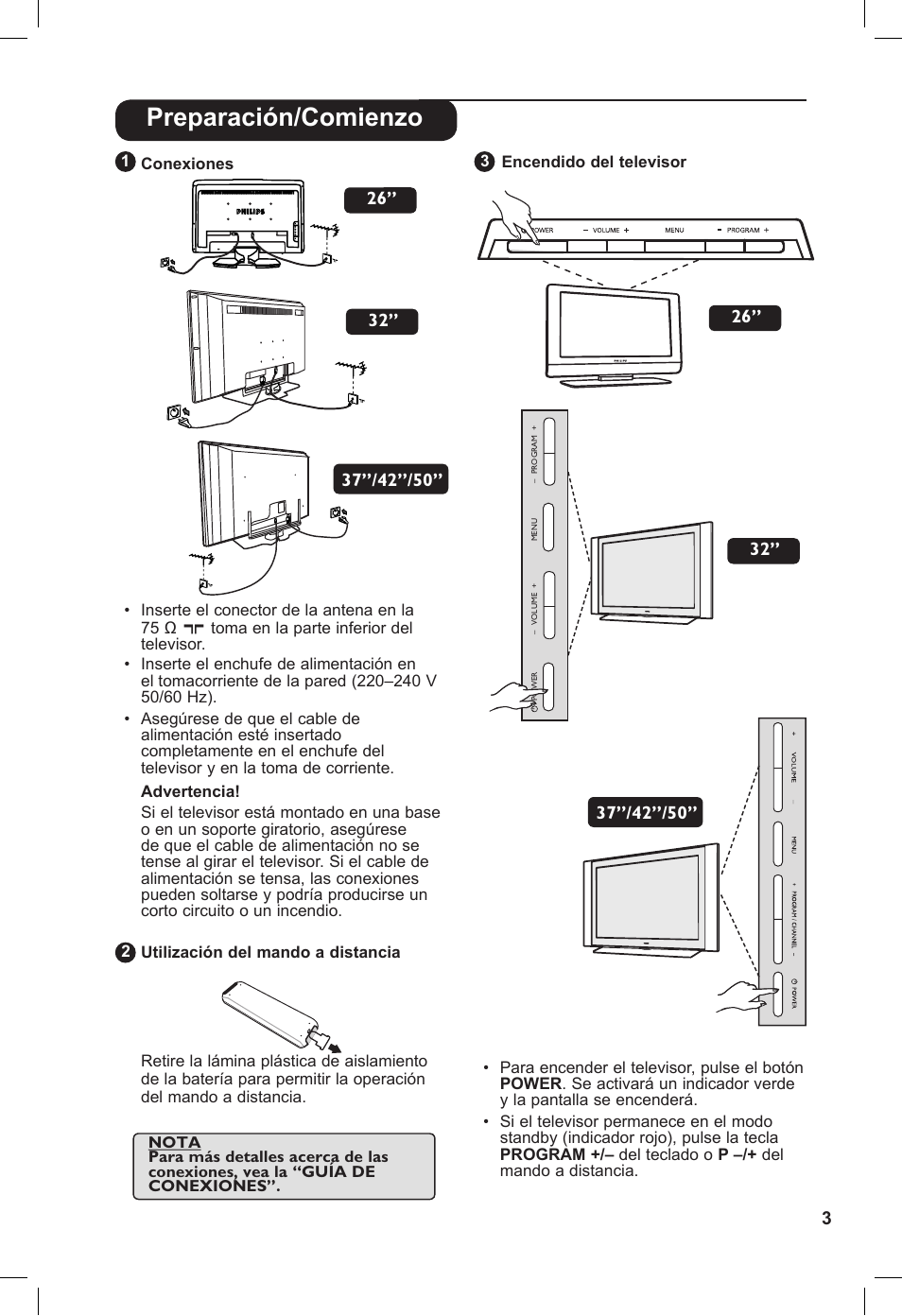 Preparación/comienzo | Philips Flat TV panorámico User Manual | Page 7 / 26