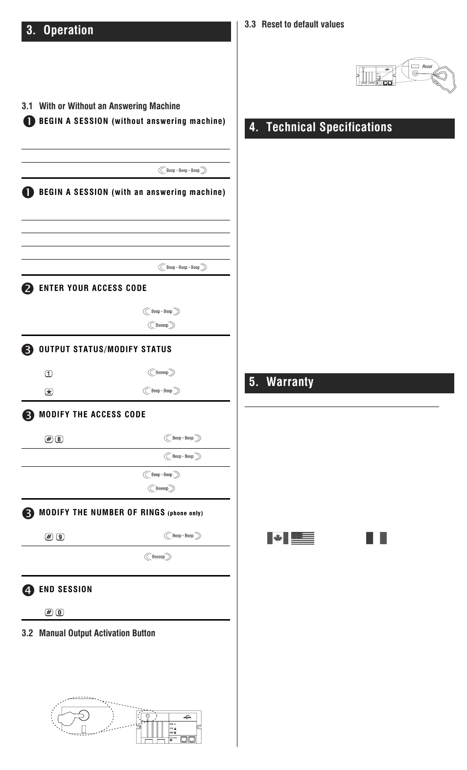 Operation, Technical specifications 5. warranty, 1 with or without an answering machine | 2 manual output activation button, 3 reset to default values | Aube Technologies CT240 User Manual | Page 2 / 2