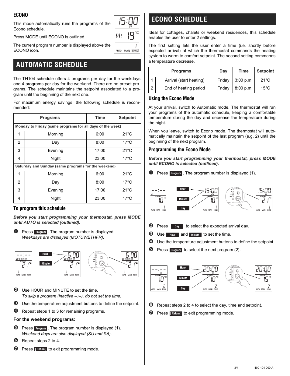 Automatic schedule, Econo schedule | Aube Technologies TH104 User Manual | Page 3 / 5