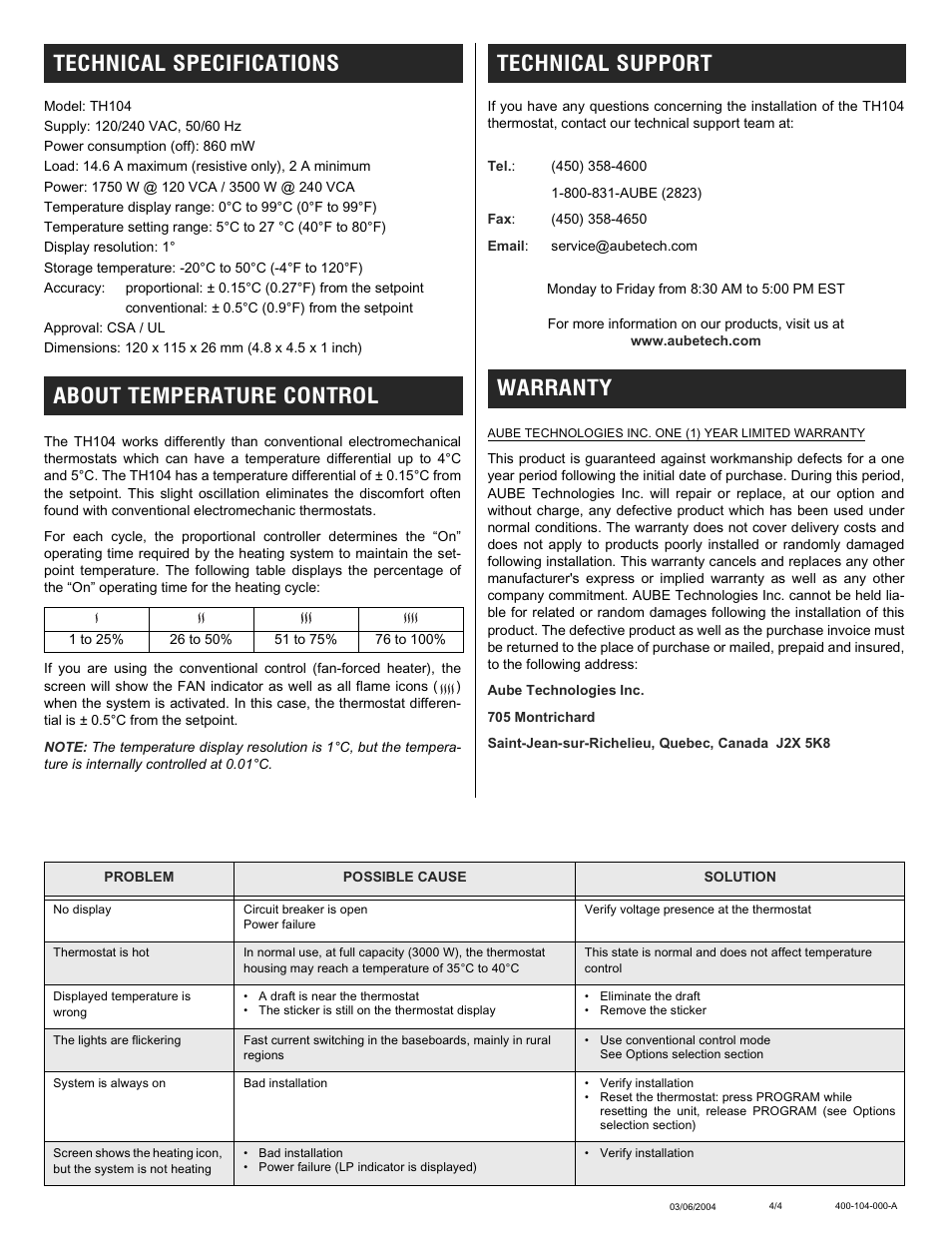 Technical specifications about temperature control, Technical support warranty | Aube Technologies TH104 User Manual | Page 4 / 5